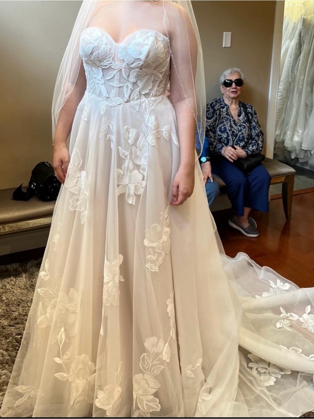 Stella York Strapless Floral Lace A-Line Wedding Gown in Ivory